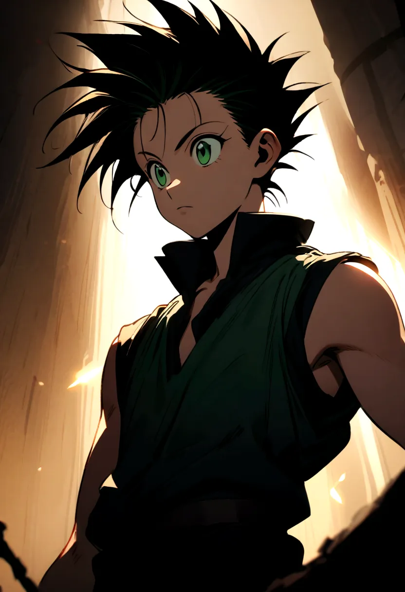 14 year old boy with black messy hair with shaved sides and green eyes wearing a black sleeveless shirt in hunter x hunter manga...