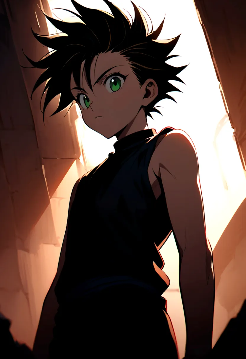 14 year old boy with black messy hair with shaved sides and green eyes wearing a black sleeveless shirt in hunter x hunter manga...