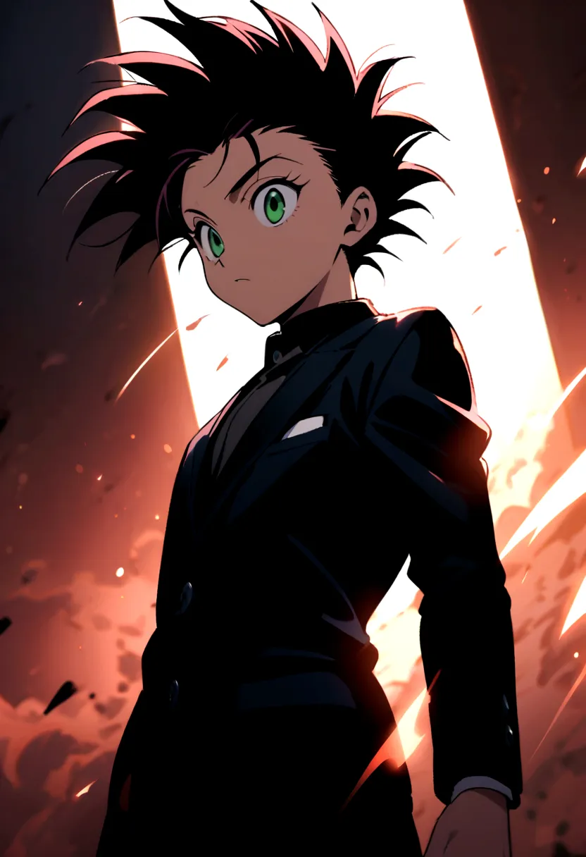 14 year old boy with black messy hair with shaved sides and green eyes wearing a black mafioso suit in hunter x hunter manga sty...