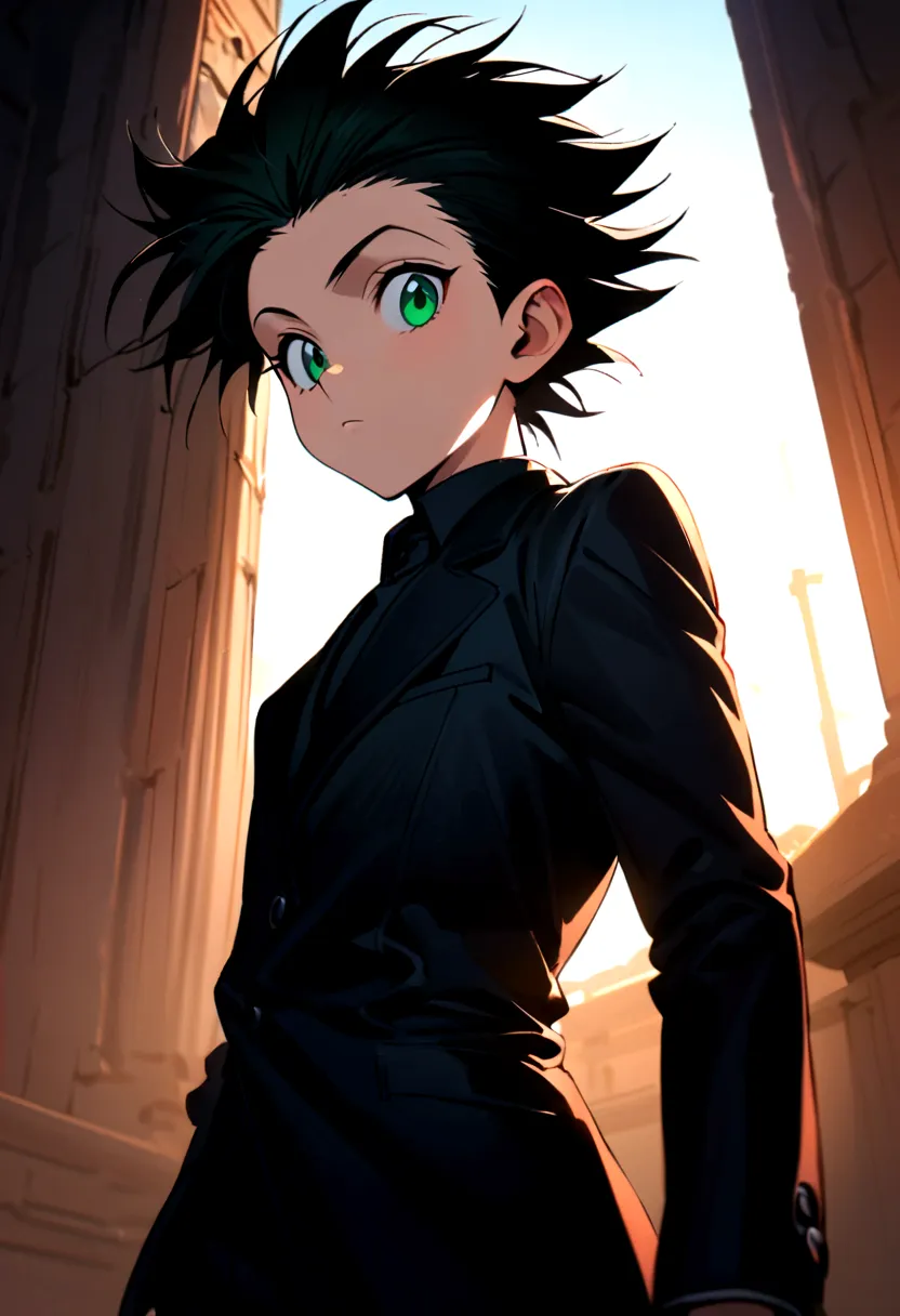 14 year old boy with black messy hair with shaved sides and green eyes wearing a black mafioso suit in hunter x hunter manga sty...