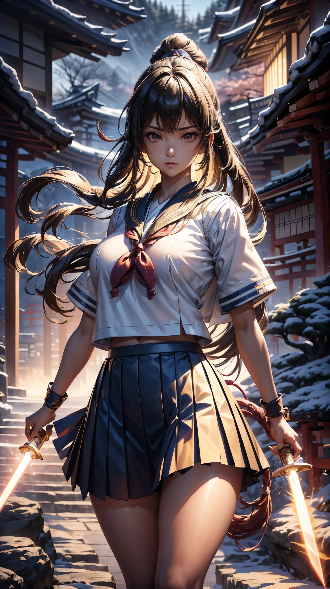 (Ultra HD, Highest quality, High resolution, Hyperrealistic, super beautiful), 24000dpi, Beautiful woman, high school girl, Long Tail, Yellow headband, Well-formed eyes, Eyesight max, 18-year-old, Alluring, Completely American, perfect body, Big Breasts, Physical Beauty, ((Japanese Sailor Suit:1.5, serafuku, Ultra mini skirt)), (((hold, Electrified Japanese sword, long blade))), ((sheath, Charge Move, Special move position:1.3, Iai)), All in one, Absurd, (((Anatomically correct))), (((Surrounded by a fantastic aura, god々A great moment))), whole body