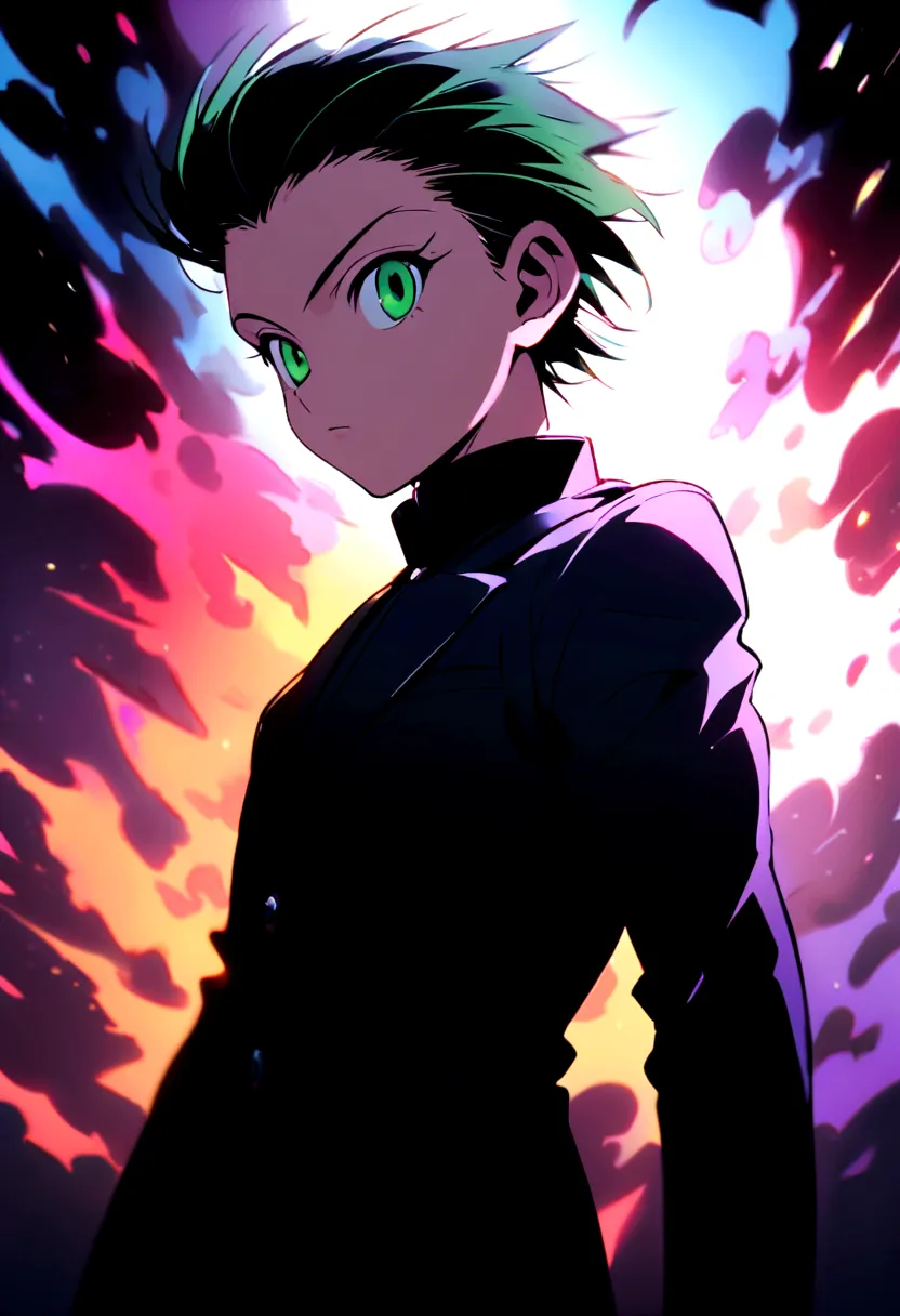 14 year old boy with black slicked back hair and green eyes wearing a black mafioso suit in hunter x hunter manga style