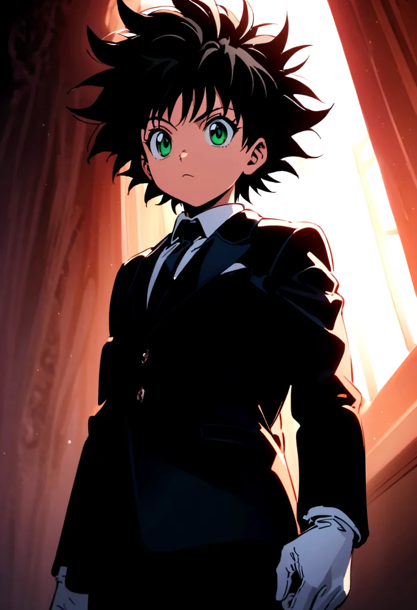 14 year old boy with black short messy hair and green eyes wearing white gloves and a black mafioso suit in hunter x hunter mang...