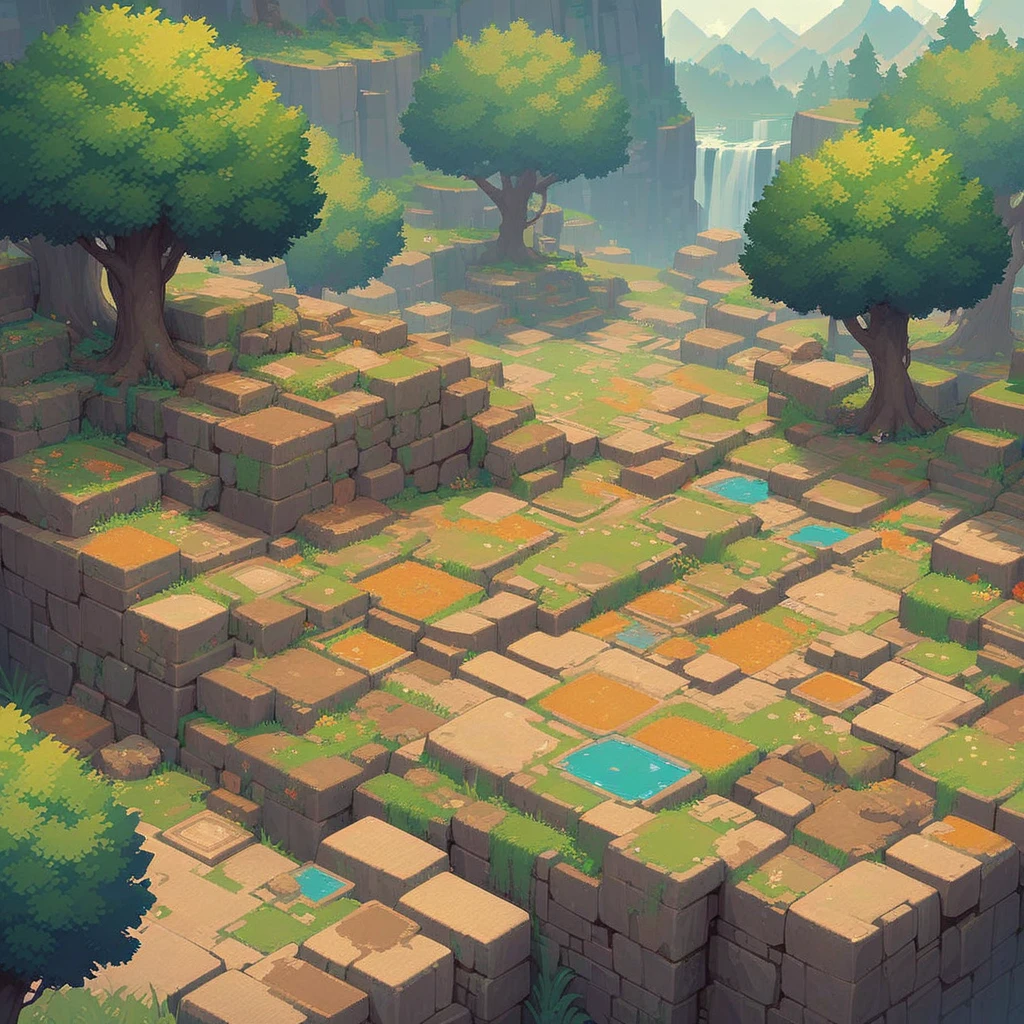 retro video game style,pixelated, vibrant pastel colors,8-bit characters,blocky shapes,sharp lines,detailed shading,classic gaming vibe,nostalgic atmosphere,classic arcade games,masterpiece:1.2,ultra-detailed,illustration style, 2d texture, stone texture, 4 k seamless mud texture, video game texture, dirt texture, tileset, game tiles, grass, trees, rock texture, detailed trees, topdown view, game texture, game art, tileable texture, very detailed cliff texture, intricate stones, top down view, 3/4th perspective