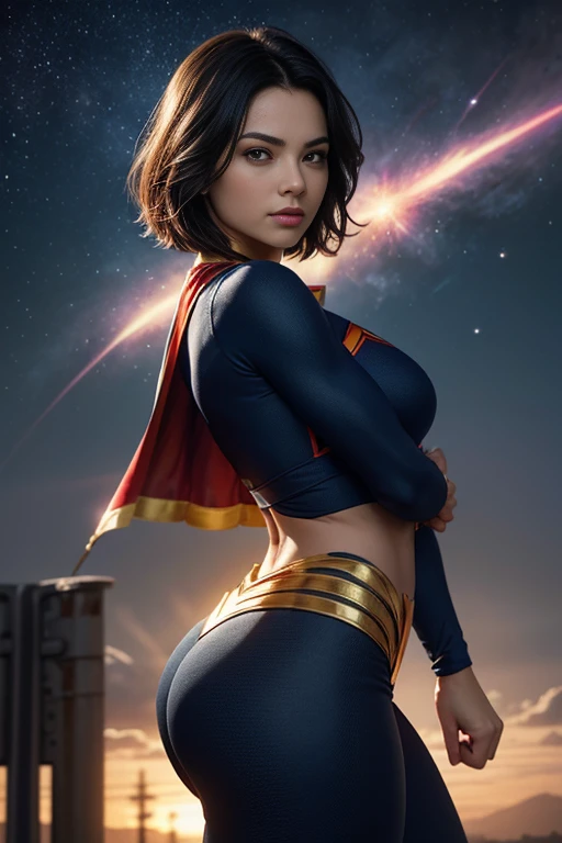 superwoman, Young woman dressed in tights, Short bob style hair, Tight suit in blue and red tones with the iconic symbol "S" superman on the chest.
- suit that covers the entire body enhancing female anatomy, standing, with a firm and confident posture, big hips, big buttocks, small waist, big chest, flying over a city with a determined look.
- In a dynamic pose, ready for action, with one arm extended and the other flexed.
- Determined and confident look, transmitting both power and compassion.
- A soft but confident smile can add warmth and bring the character closer.
- A cosmic scene with planets and stars, showing your connection to the universe.
- A post-battle landscape with destroyed elements, highlighting her role as protector.
- Soft, warm light that highlights the textures and details of the suit.
- Shadows that accentuate the muscles and figure, creating a dramatic contrast.
- Light effects that suggest energy and power emanating from the character.
- Hair blowing in the wind, adding dynamism.
- Visual effects such as flashes of light or auras that enhance your power.
- Add moving elements, like hair, to give life and energy to the image.