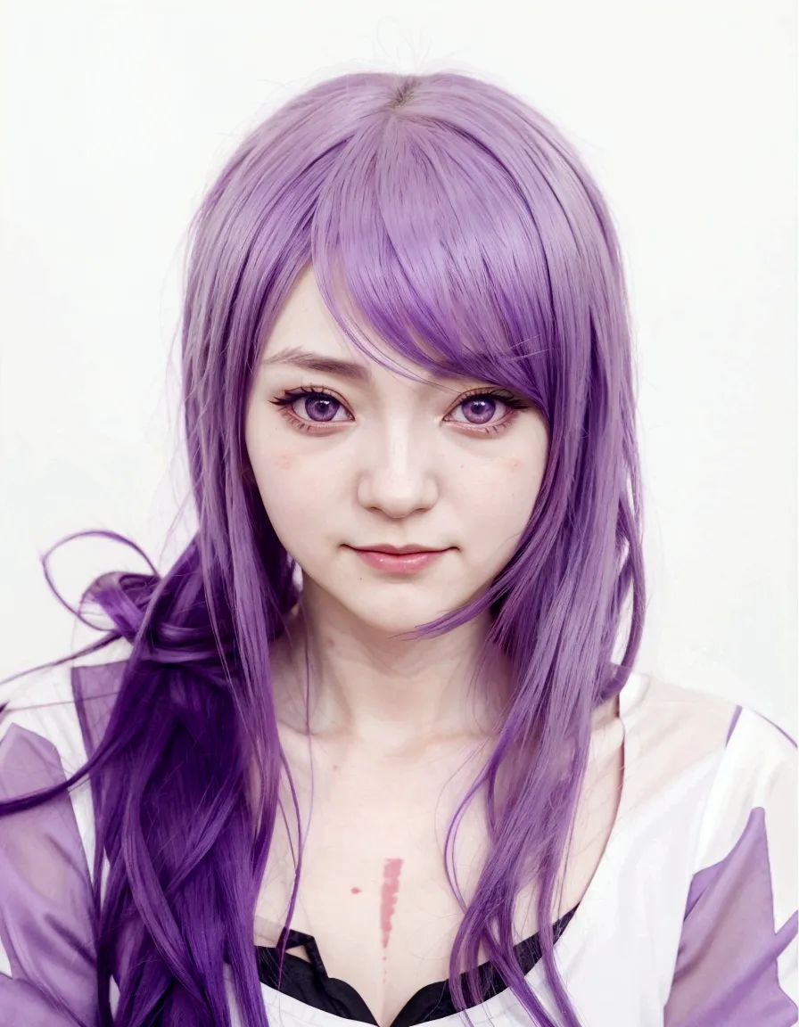 anime girl with purple hair and red eyes in a white shirt, juri misaki, ilya kuvshinov with long hair, she has purple hair, yayo...