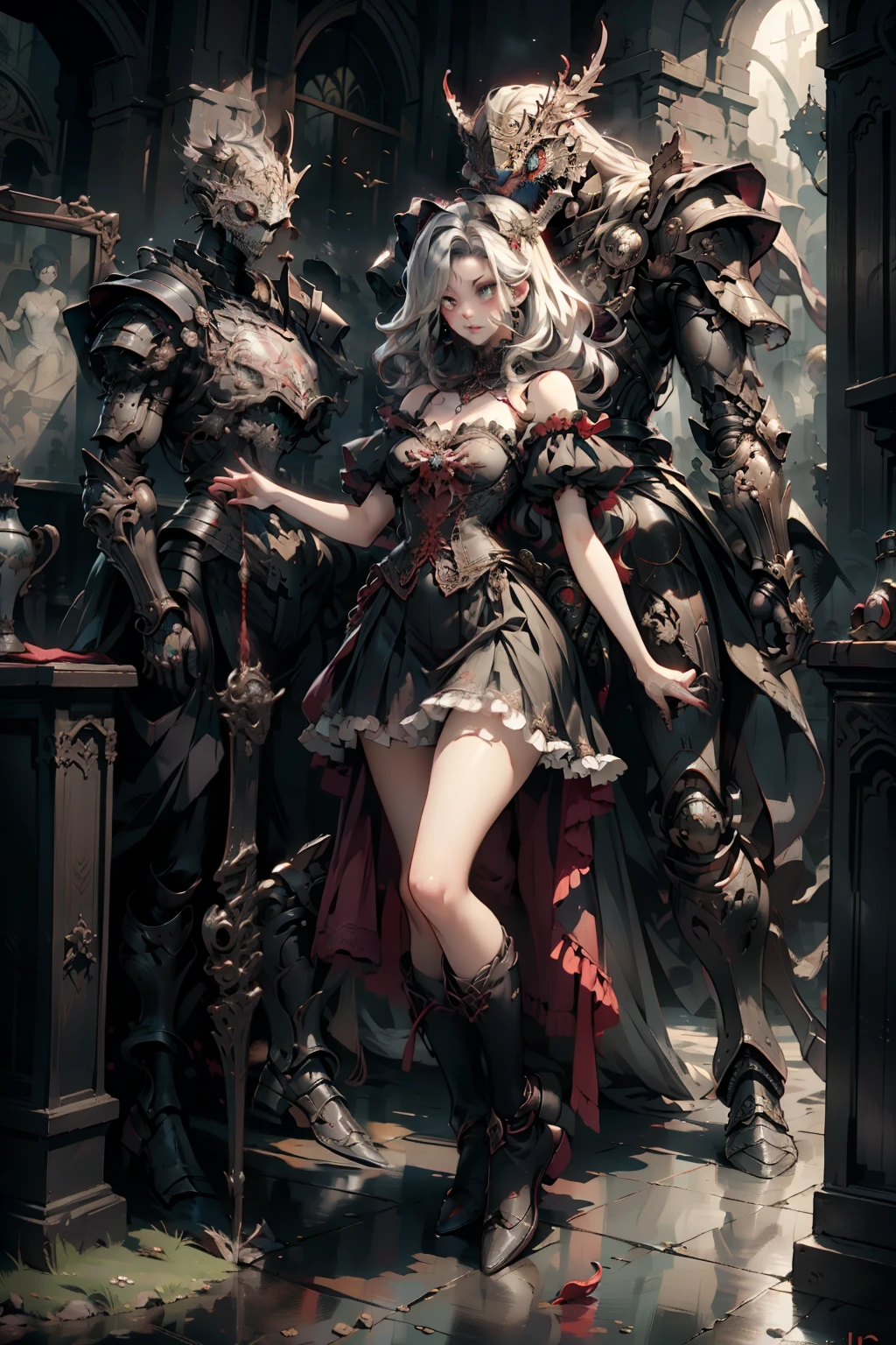  ((best quality)), ((masterpiece)), (detailed), very skinny, prominent collarbones, skinny arms, flat stomach, visible hip bones, red and white clothing, Bloodborne inspired, occult aesthetic, occult, detailed and intricate steampunk and detailed gothic, NSFW, Very dramatic and cinematic lighting, cosmic horror, grim-dark, side-lighting, perfect face, NSFW, Fluttering lace flared long knee length dress with frilly petticoats, knee length dress, pleated petticoats, lolita dress, petticoats gothic lolita, complex lace boots, side-lighting, gothic lolita aesthetic, wielding a mighty sword with mechanical components, carbine, NSFW, beautiful small breasts, small breasts, full body, whole body, body, NSFW, full body, whole body, head-to-toe NSFW 