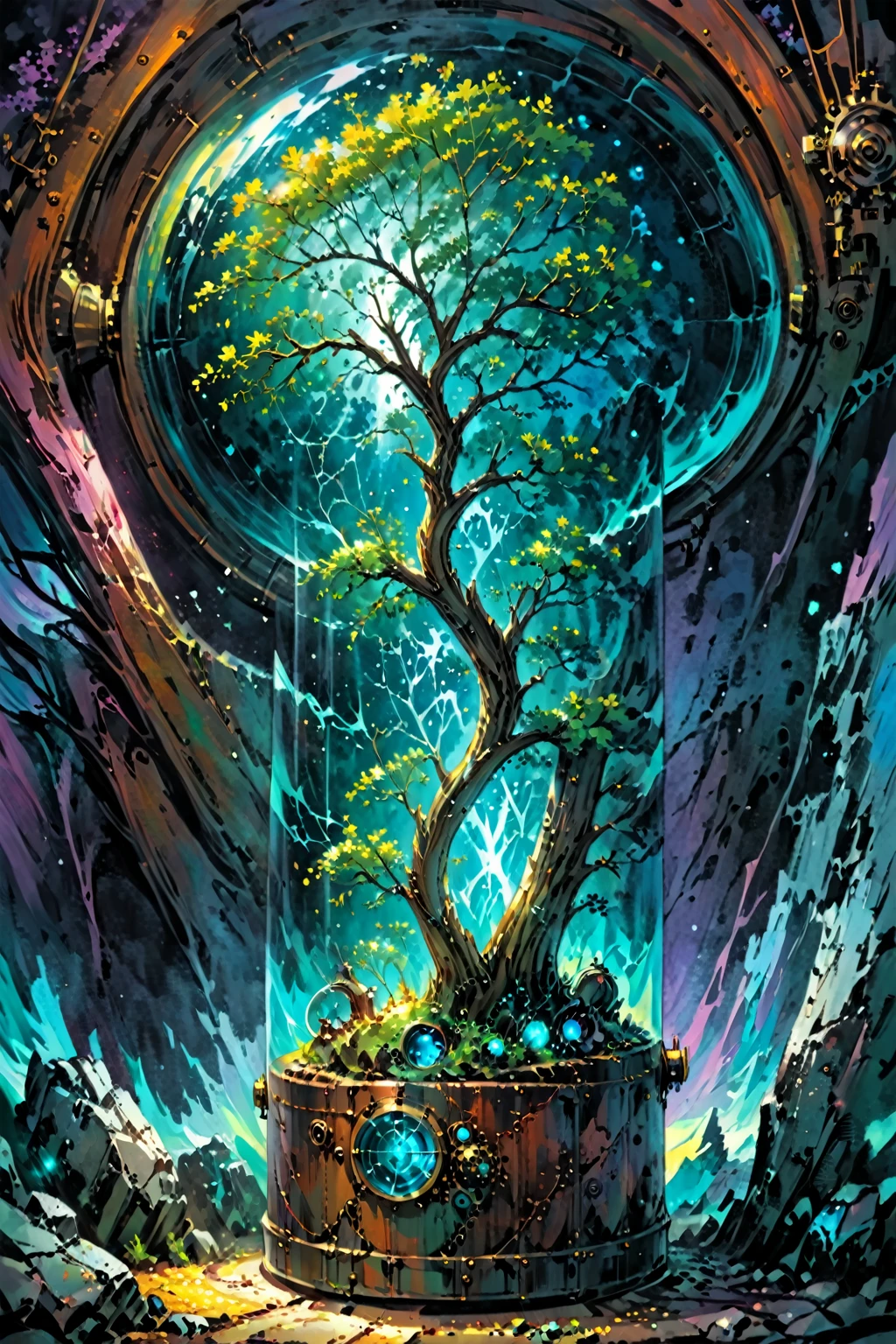 شجرة, اللون الوارد, مسيرة قسرية داخل حاوية Steampunk أسطوانية بها (زجاج ملون أزرق), العالم المطلي, خلفية اللوحة, من الطراز الأول مستوحاة من فيكتو نجاي, غير حقيقي