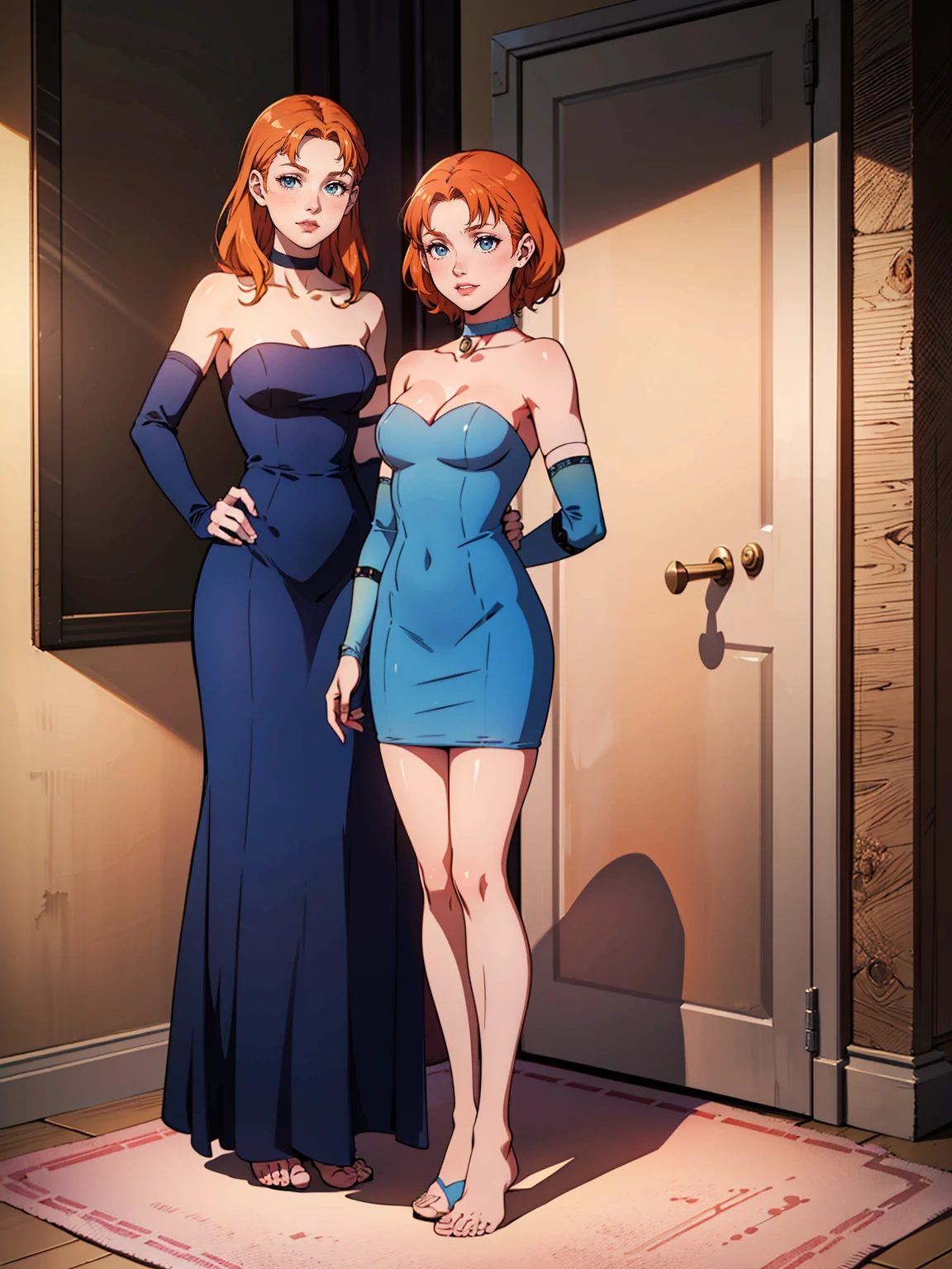 ((Full body photo, standing, feet on the floor))annette_war, blue eyes, orange hair, blue dress, long blue dress, blue strapless dress, long white elbow gloves, smile, light pink lipstick, purple eye shadow, makeup, black choker, cowboy shot