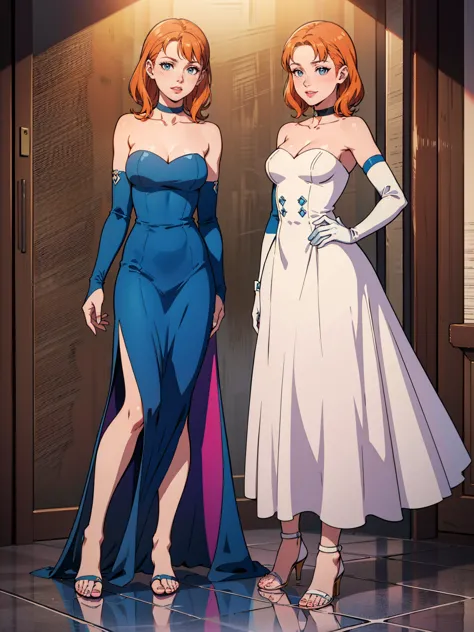 ((Full body photo, standing, feet on the floor))annette_war, blue eyes, orange hair, blue dress, long blue dress, blue strapless...