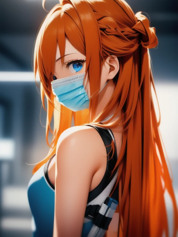 (RAW photo, best quality), operating room, overhead surgical light,blurred background, focused, dithering,backlighting,
 injection_pov, 1girl, solo, looking at viewer, holding, surgical mask, holding syringe, 
 asuna,,orange hair, blue eyes,1girl,solo,