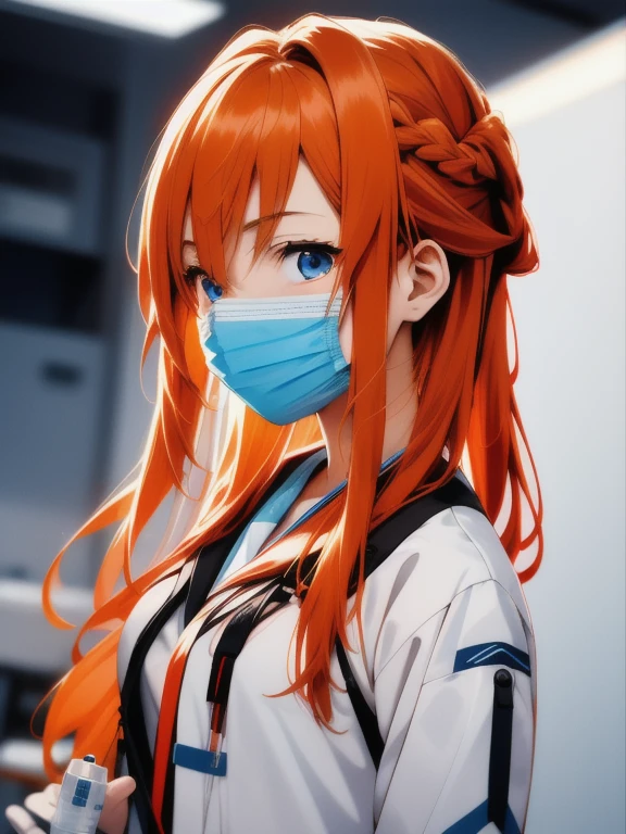 (RAW photo, best quality), operating room, overhead surgical light,blurred background, focused, dithering,backlighting,
 injection_pov, 1girl, solo, looking at viewer, holding, surgical mask, holding syringe, 
 asuna,,orange hair, blue eyes,1girl,solo,