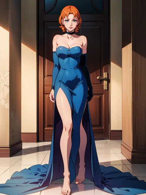 ((Full body photo, standing, feet on the floor))annette_war, blue eyes, orange hair, blue dress, long blue dress, blue strapless...