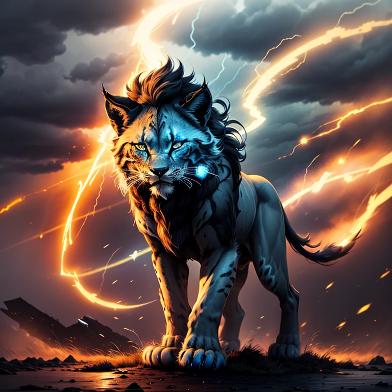 (1 lynx) tout le corps, un lion bleu à la crinière noire, lion du tonnerre avec puissance électrique, orage bleu, éclair bleu autour, fond de nuages d&#39;orage
