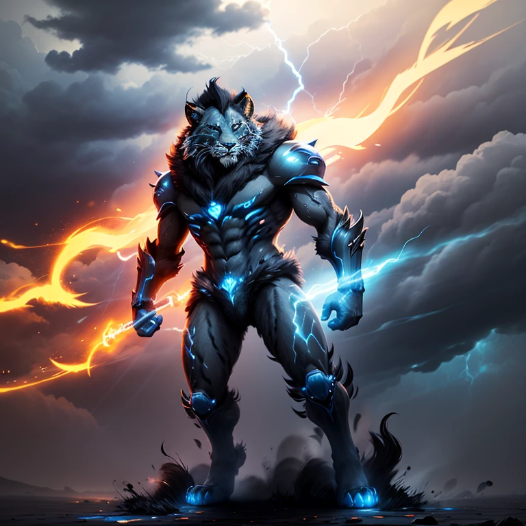 (1 lynx) full body, a blue lion with black mane, thunder lion with electrical power, blue lightning storm, blue lightning around, storm clouds background
