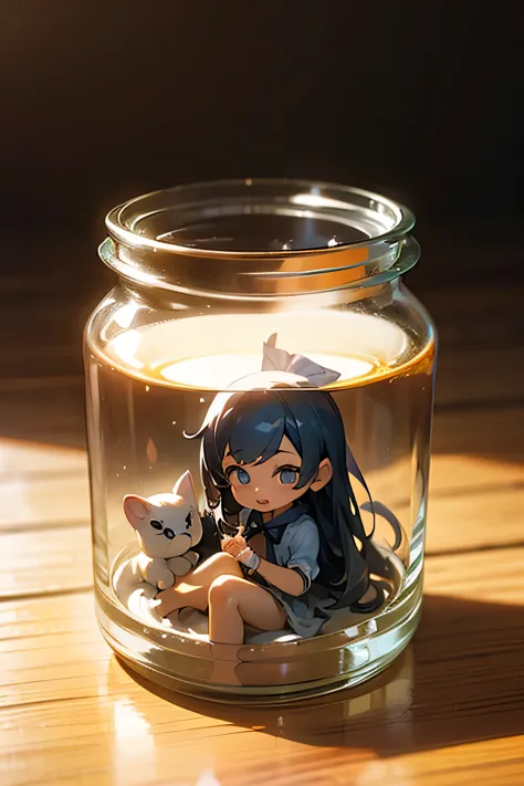 3D-illustration of a very cute girl figure in a jar, Masterpiece((must)), Palm-sized, cute, The face is dense((must)), tiny mini...