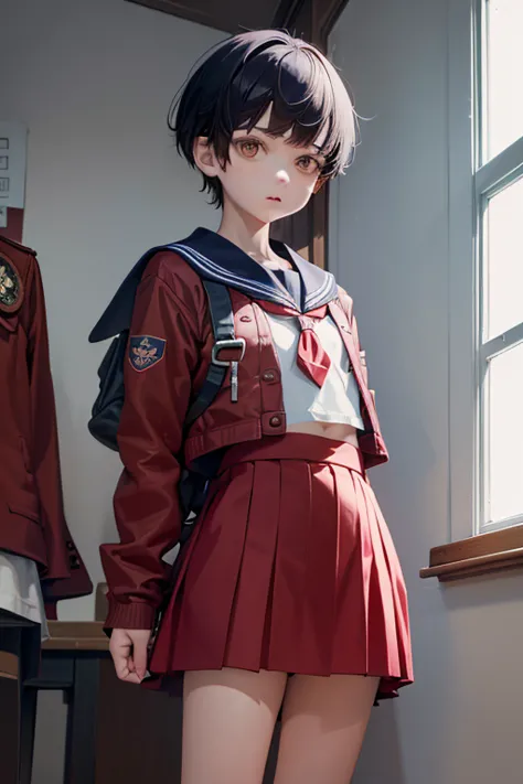 A very boyish young girl，Looks like a boy，Small Mouth，Red nose，at school,evening,Diversity，((Girl in a sailor suit))，((A short j...