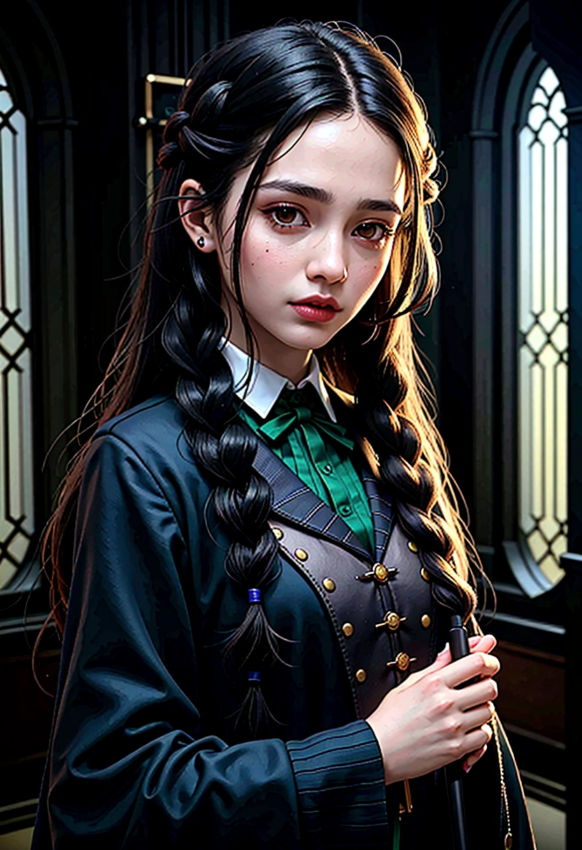 beste Qualität, Meisterwerk, schwarzes welliges Haar, braune Augen, trägt die offizielle Slytherin-Uniform, auf der Suche nach, Oberer Teil des Körpers, Haarlocke, weiße Haut, seitliche Zöpfe, einen Zauberstab halten, 4k, gotisch, Cyberpunk, Realist