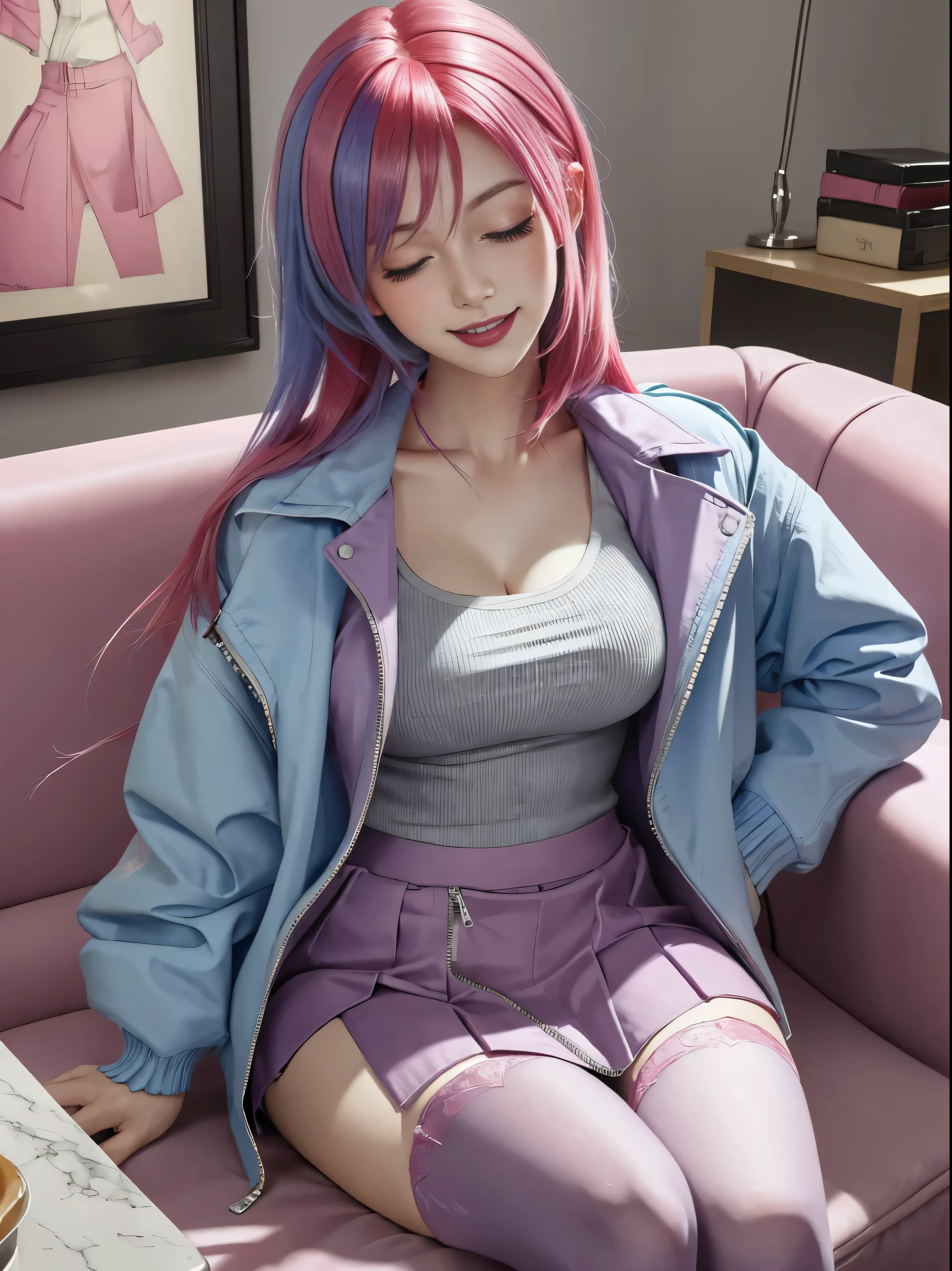1girl, pastel, cracked dyed hair, red hair, blue hair, smile, teeth, skirt, sitting, couch, huge breasts, blush, pastel lipstick, unzipped jacket, eyes closed, head tilt, stockings, heavy makeup, skinny