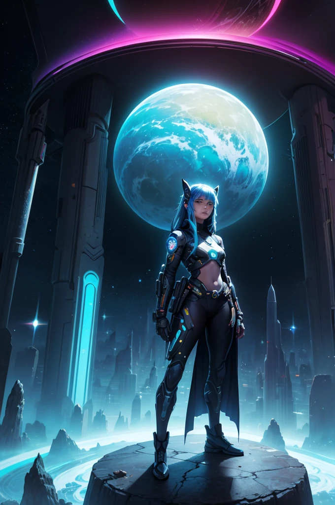 there is a woman standing in front of a painting of a planet, futuristic city in background, psytrance artwork, interconnected human lifeforms, panoramic view of girl, progressive rock album cover, dream of the endless, star dust, galaxy, stoner rock --ar 16:9 --v 5.1