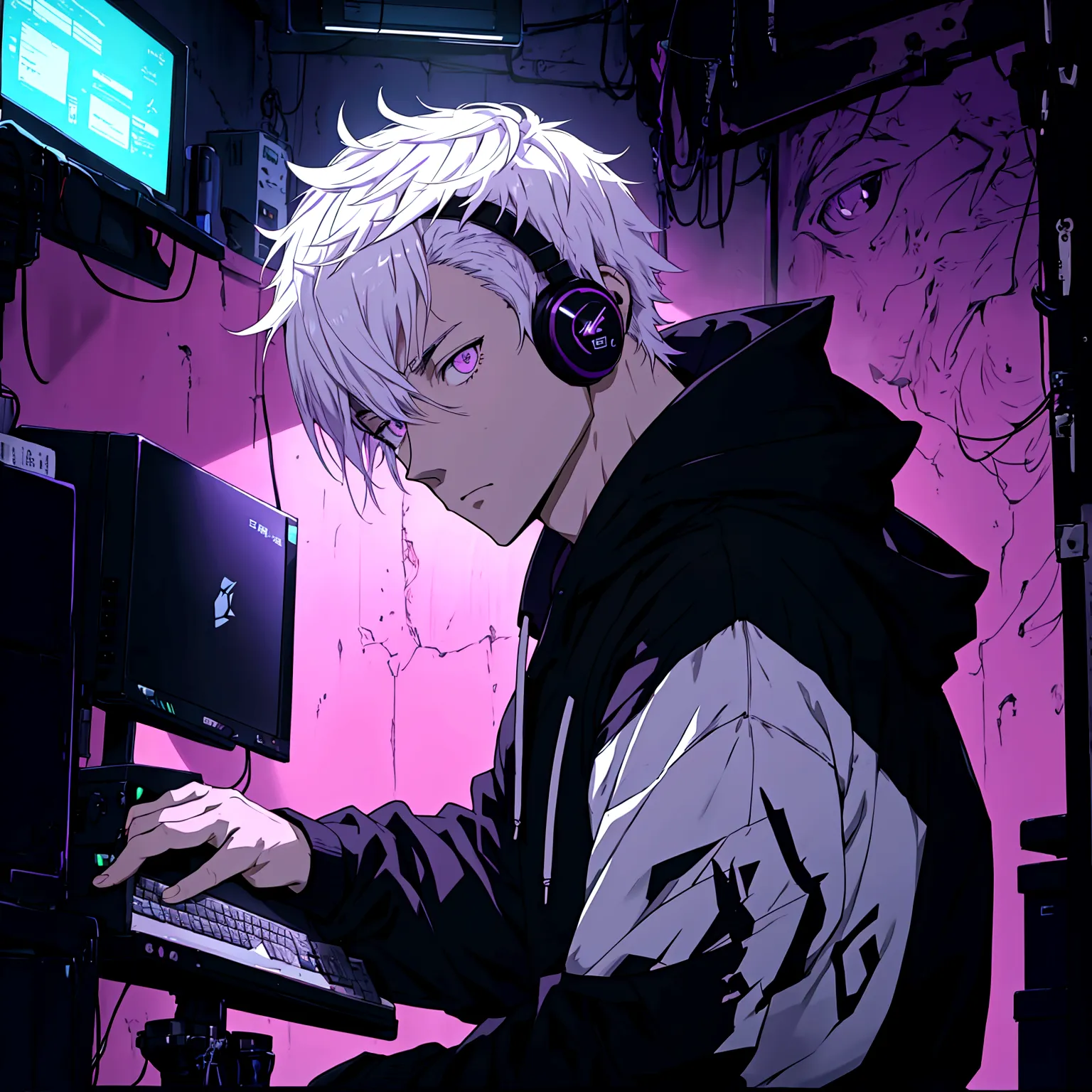 (anime style) 1 man, alone man, young man, white skin, purple eyes, short white hair, with headphones, black hoodie, using the c...