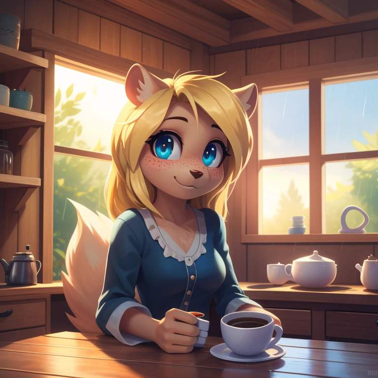 minerva, medium breast,
(detailed blonde hair:1.4), (detailed perfect eyes:1.2), white fur, (detailed fluffy fur:1.2), perfect hourglass body, mink snout, (long fluffy blonde tail:1.3), beautiful black eyes, relaxed pose, looking at viewer,
(freckles:1.2), light smile,
serving coffee,
(masterpiece:1.2), (best quality:1.2), (intricate:1.2), (highly detailed:1.2), (sharp:1.2), (8k:1.2), (highres:1.2),
cinematic summer tropical lighting, vivid colors,
kitchen, wooden cabin,
window, forest, rain,
aliceinwonderlandoutfit