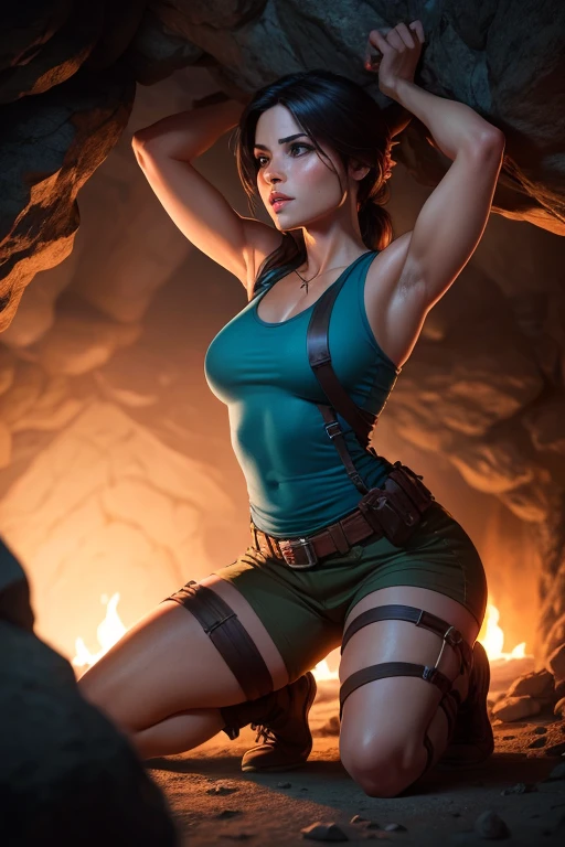 Create a realistic image of Lara Croft discovering an golden key while standing on the top of a view point in an underground cave. Lara is wearing her classic Tomb Raider outfit: a light blue tank top, cargo shorts, sturdy boots. She is illuminated by the light from her golden key, which casts flickering shadows on the cave walls. The cave is filled with intricate carvings, ancient symbols, and stalactites hanging from the ceiling. Lara is kneeling or bending down, opening a door with a golden key. The golden key is a detailed. perfect face, ultra detailed face, perfect brown eyes, beautiful face, perfect anatomy. Additional Details: Background: Underground cave with intricate carvings, ancient symbols, stalactites, and shadows cast by the torchlight. Lighting: it's dark, night time, Flickering torchlight illuminating the scene, creating dramatic shadows and a sense of mystery. (8k, RAW photo, best quality, masterpiece:1.2),ultra-detailed, (high detailed skin:1.2), 8k uhd, dslr, soft lighting, high quality
