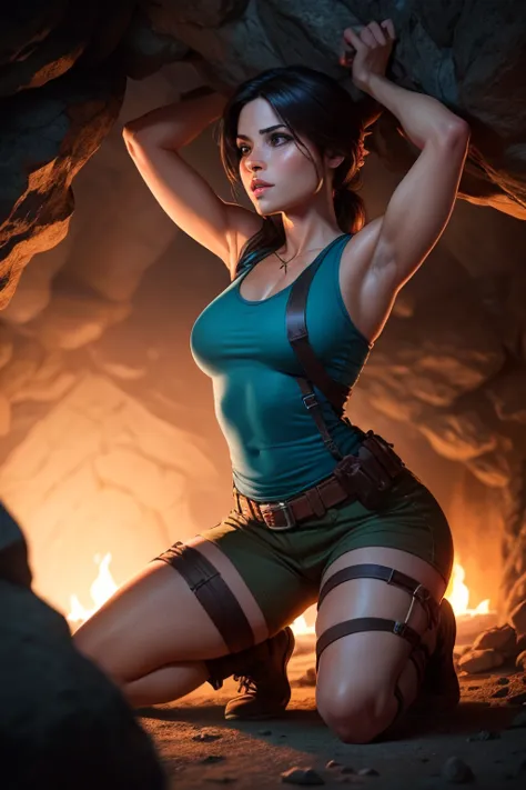 Create a realistic image of Lara Croft discovering an golden key while standing on the top of a view point in an underground cav...