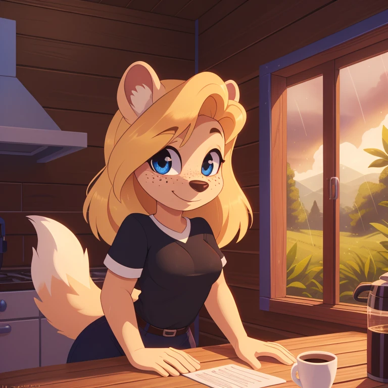 minerva, medium breast,
(detailed blonde hair:1.4), (detailed perfect eyes:1.2), white fur, (detailed fluffy fur:1.2), perfect hourglass body, mink snout, (long fluffy blonde tail:1.3), beautiful black eyes, relaxed pose, looking at viewer,
(freckles:1.2), light smile,
serving coffee,
(masterpiece:1.2), (best quality:1.2), (intricate:1.2), (highly detailed:1.2), (sharp:1.2), (8k:1.2), (highres:1.2),
cinematic summer tropical lighting, vivid colors,
kitchen, wooden cabin,
window, forest, rain,
aliceinwonderlandoutfit