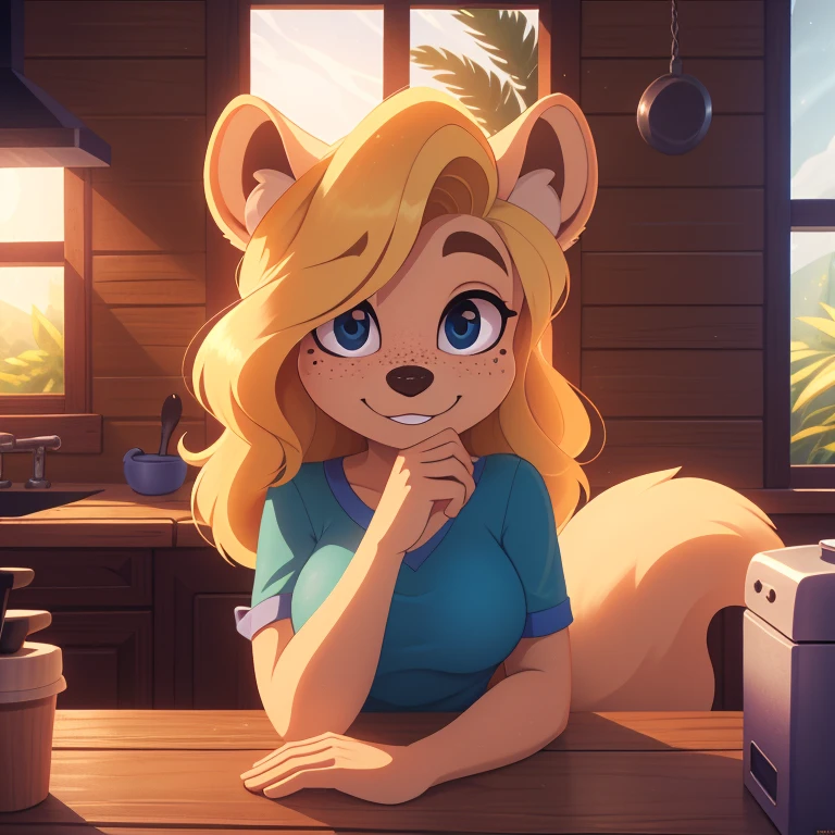 minerva, medium breast,
(detailed blonde hair:1.4), (detailed perfect eyes:1.2), white fur, (detailed fluffy fur:1.2), perfect hourglass body, mink snout, (long fluffy blonde tail:1.3), beautiful black eyes, relaxed pose, looking at viewer,
(freckles:1.2), light smile,
serving coffee,
(masterpiece:1.2), (best quality:1.2), (intricate:1.2), (highly detailed:1.2), (sharp:1.2), (8k:1.2), (highres:1.2),
cinematic summer tropical lighting, vivid colors,
kitchen, wooden cabin,
window, forest, rain,
aliceinwonderlandoutfit