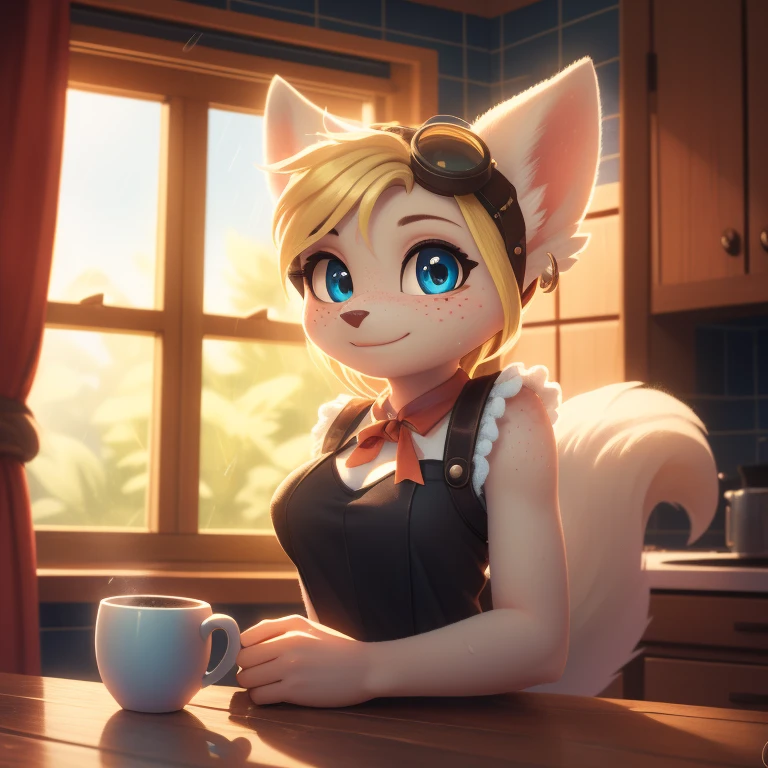 minerva, medium breast,
(detailed blonde hair:1.4), (detailed perfect eyes:1.2), white fur, (detailed fluffy fur:1.2), perfect hourglass body, mink snout, (long fluffy blonde tail:1.3), beautiful black eyes, relaxed pose, looking at viewer,
(freckles:1.2), light smile,
serving coffee,
(masterpiece:1.2), (best quality:1.2), (intricate:1.2), (highly detailed:1.2), (sharp:1.2), (8k:1.2), (highres:1.2),
cinematic summer tropical lighting, vivid colors,
kitchen, wooden cabin,
window, forest, rain,
aliceinwonderlandoutfit