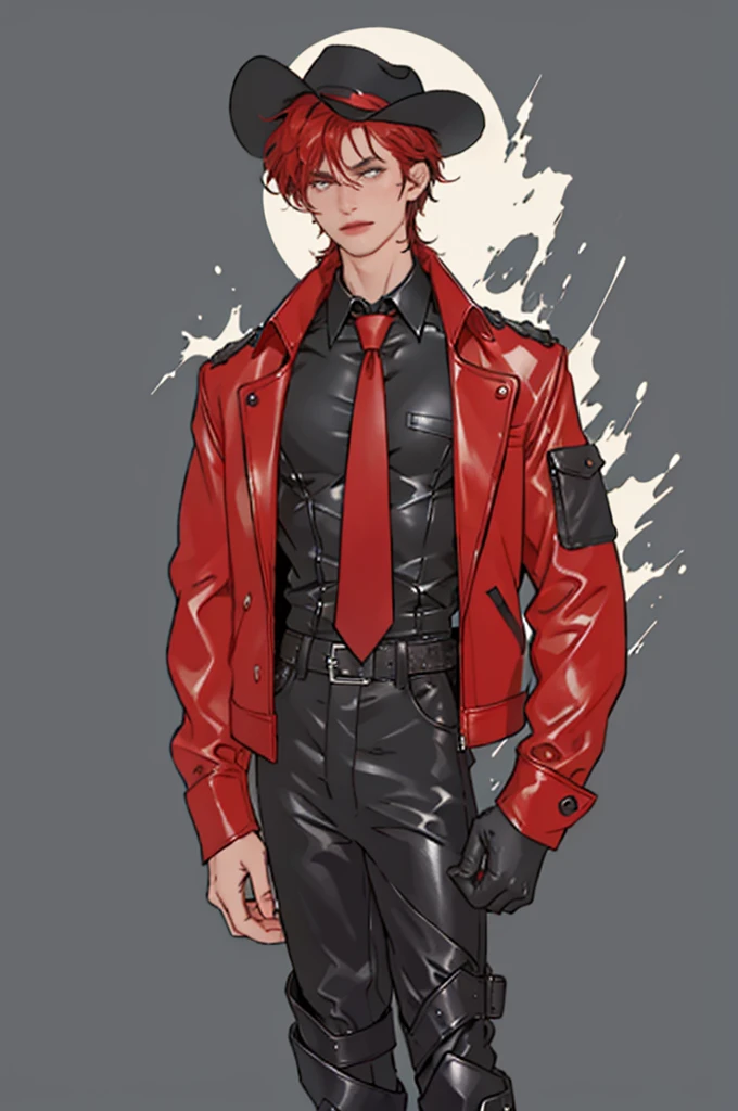 A fashion illustration of a ((masculine)) male model wearing a gothic cowboy outfit, ((full body)) ((head to toe)) . He is wearing leather pants, a jacket cropped at the chest, boots, a skin tight button up shirt, a red necktie, and a black cowboy hat. The main colour theme is black, white, and red. Show me the front and the back of the outfit., masterpiece, UHD, anatomically correct, super detail