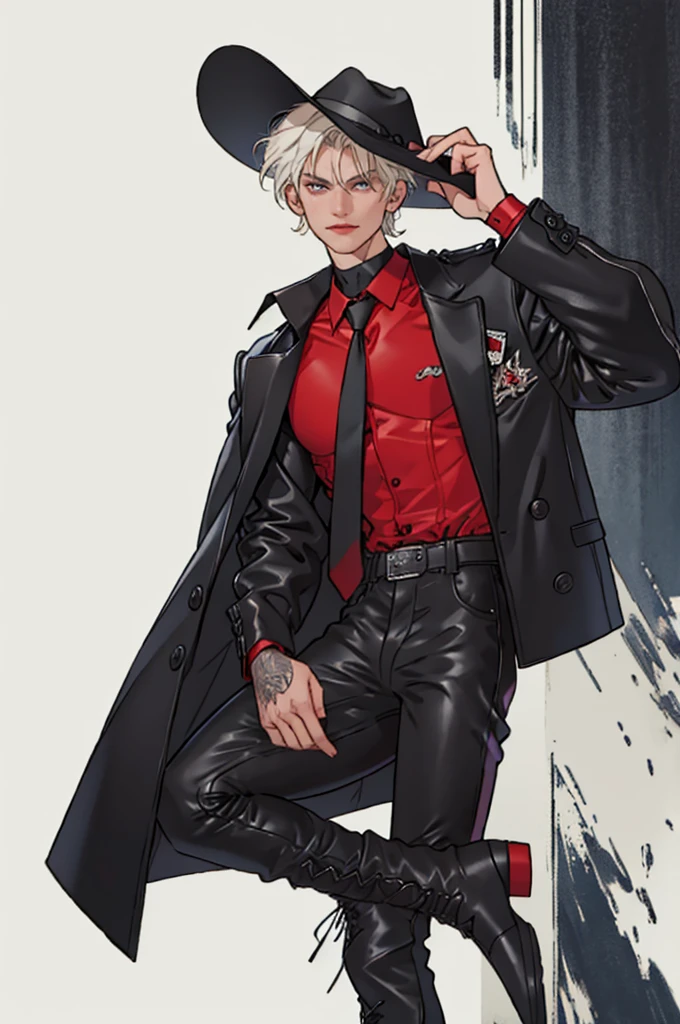 Uma ilustração de moda de um ((masculine)) modelo masculino vestindo uma roupa de cowboy gótico, ((corpo todo)) ((da cabeça aos pés)) . Ele está vestindo calças de couro, uma jaqueta cortada no peito, botas, uma camisa de botão justa, uma gravata vermelha, e um chapéu de cowboy preto. O tema da cor principal é preto, branco, e vermelho. Mostre-me a frente e as costas da roupa., Obra de arte, Ultra HD, anatomicamente correto, Super Detalhe