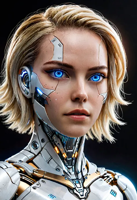 hyperrealistic art zavy-cbrpnk, white woman cyborg mixed, blue illuminated eyes, soft hair. panel . extremely high resolution de...