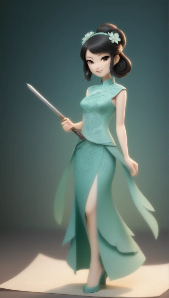 (paper art,layered paper art,paper quilling,paper-cut,paper sculpture), 1 Cheongsam woman，Slender figure，perfectly proportions，Delicate hair accessories, full body, smile，Oriental elements，simple background, mint green,  (Soft Lighting, Bokeh), sword and shild, pose fihgter 