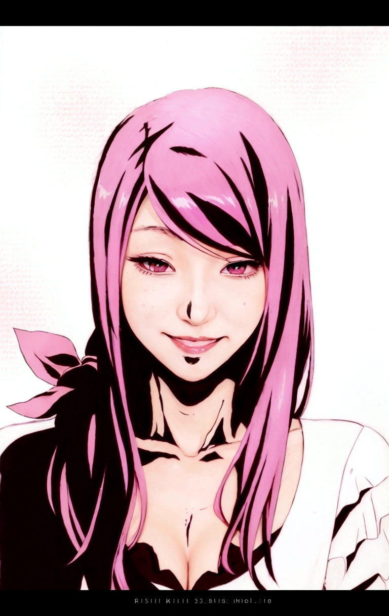 anime girl with pink hair and black shirt smiling at camera, rize kamishiro, rize kamishiro as a real person, [[[[grinning evily]]]], rize kamishiro, with pink hair, anime girl named rize kamishiro, rize kamishiro in slug sage mode, rize kamishiro, rize kamishiro, rize kamishiro, rize kamishiro 