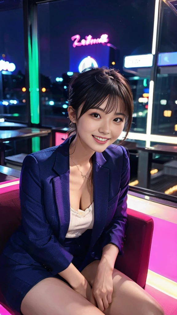 A scene of a woman wearing a low-cut suit sitting in a chair and flashing her best smile in a love hotel at night in a city lit up by neon lights.