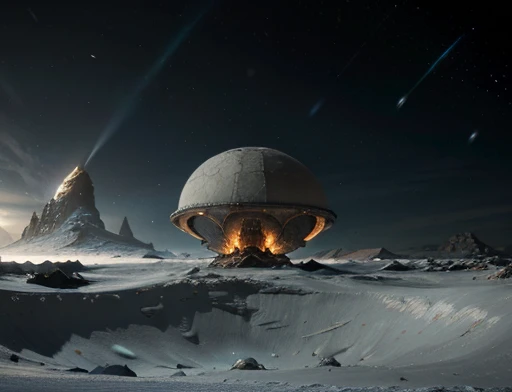 Фото поближе: корабль пришельцев в форме летающей тарелки разбился о землю, наполовину похороненный, сеттинг замороженной планеты, метель , увеличено промежность, , чуни, темный камень, космонавт наблюдает за этим космическим кораблем 