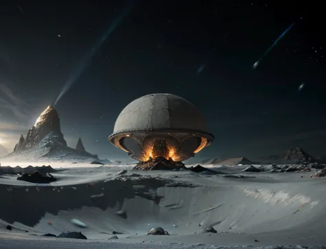 Closer Photo An Alien Ship Shaped Like a Flying Saucer Is Crashed on the Ground, half buried, frozen planet setting, snowstorm ,...