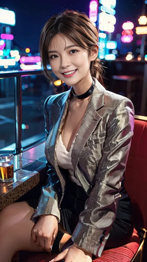 a scene of a woman wearing a low-cut suit sitting in a chair and flashing her best smile in a love hotel at night in a city lit ...