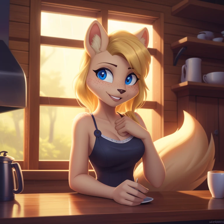 minerva, medium breast,
(detailed blonde hair:1.4), (detailed perfect eyes:1.2), white fur, (detailed fluffy fur:1.2), perfect hourglass body, mink snout, (long fluffy blonde tail:1.3), beautiful black eyes, relaxed pose, looking at viewer,
(freckles:1.2), light smile,
serving coffee,
(masterpiece:1.2), (best quality:1.2), (intricate:1.2), (highly detailed:1.2), (sharp:1.2), (8k:1.2), (highres:1.2),
cinematic summer tropical lighting, vivid colors,
kitchen, wooden cabin,
window, forest, rain,
aliceinwonderlandoutfit