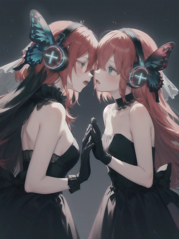 magnetvocaloide,Auriculares de Alas de Mariposa, 
varias chicas, 2 chicas, yuri,Guantes sin dedos, 
 cabello rojo,velo negro,vestido funerario, vestido negro,