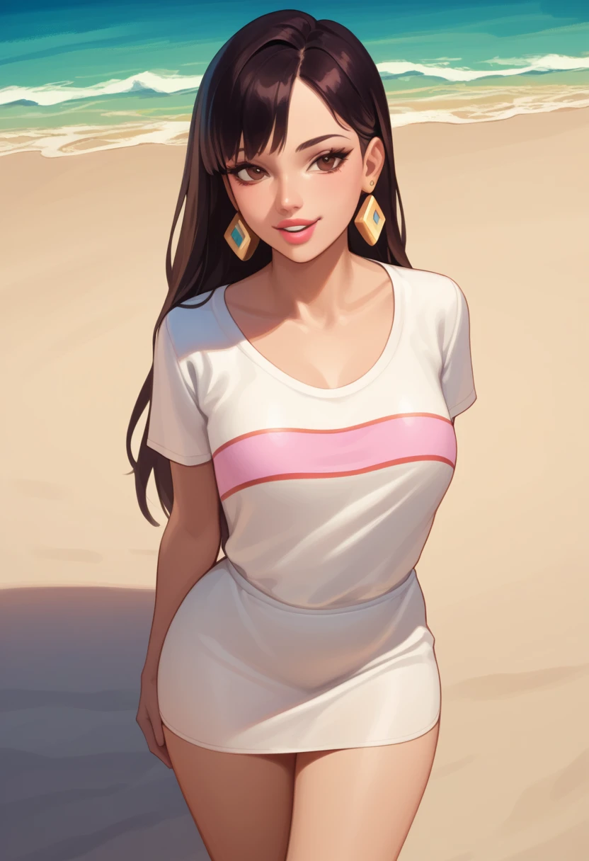 score_9_up, score_8_up, score_7_up, 1girl, solo, mature female, ((Chel)), Latin skin color, black long straight bang hair, brown eyes, pink lips, parted lips, fit slim body, big gold earrings, ((perfect medium erected breast)), (((pink and white short top, white tunic ))), (((beach))), perfect model body, wide hips, naughty smile, standing in seductive pose