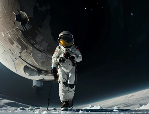 رائد الفضاء الذي يرتدي بدلة فضائية يمشي على كوكب جليدي ويلاحظ شيئًا أعجب بهيكل فضائي , تصوير الجسم الكامل صورة الجسم الكامل. نظرة عامة على البيئة.