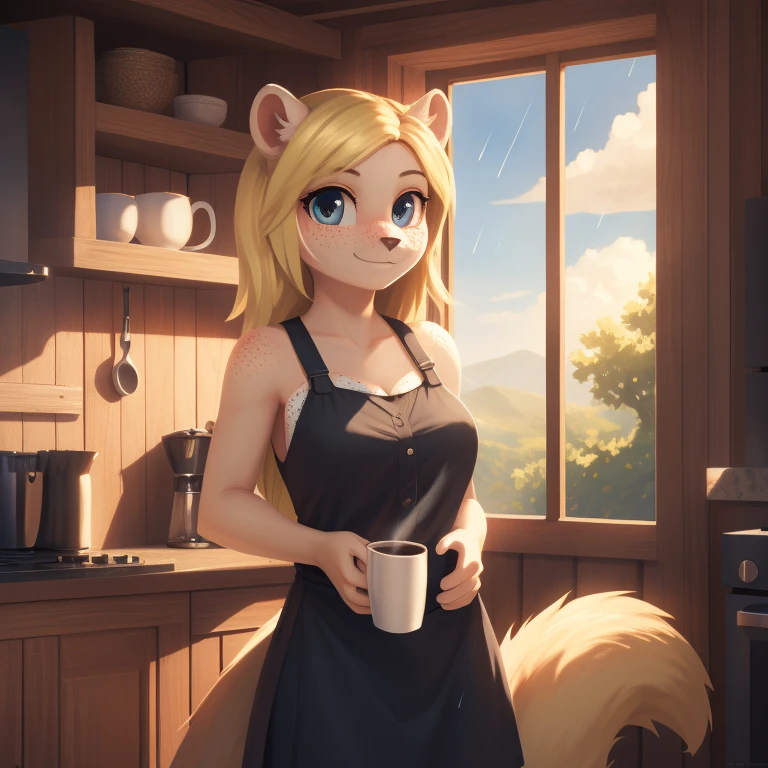 minerva, medium breast,
(detailed blonde hair:1.4), (detailed perfect eyes:1.2), white fur, (detailed fluffy fur:1.2), perfect hourglass body, mink snout, (long fluffy blonde tail:1.3), beautiful black eyes, relaxed pose, looking at viewer,
(freckles:1.2), light smile,
serving coffee,
(masterpiece:1.2), (best quality:1.2), (intricate:1.2), (highly detailed:1.2), (sharp:1.2), (8k:1.2), (highres:1.2),
cinematic summer tropical lighting, vivid colors,
kitchen, wooden cabin,
window, forest, rain,
aliceinwonderlandoutfit