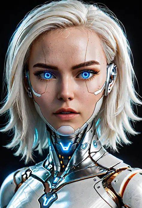 hyperrealistic art zavy-cbrpnk, white woman cyborg mixed, blue illuminated eyes, white hair. panel . extremely high resolution d...