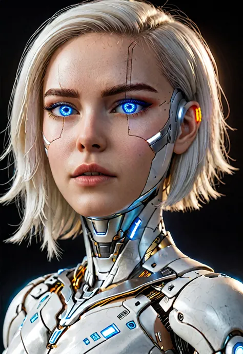 hyperrealistic art zavy-cbrpnk, white woman cyborg mixed, blue illuminated eyes, white hair. panel . extremely high resolution d...