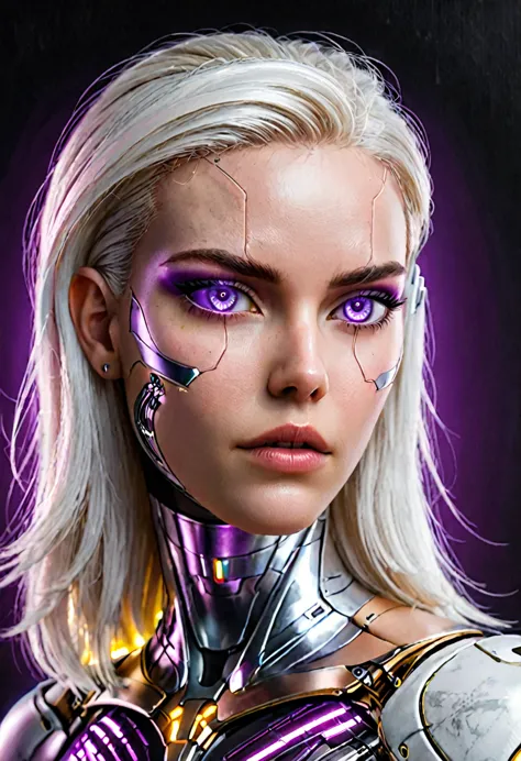 hyperrealistic art zavy-cbrpnk, portrait de mulher branca cyborg mixed, mesmerizing purple illuminated eyes, long white hair, lo...