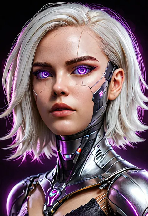 hyperrealistic art zavy-cbrpnk, portrait de mulher branca cyborg mixed, mesmerizing purple illuminated eyes, long white hair, lo...