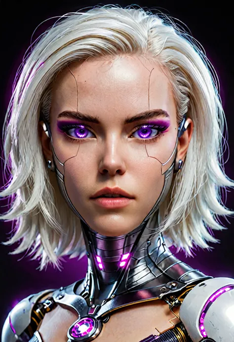 hyperrealistic art zavy-cbrpnk, portrait de mulher branca cyborg mixed, mesmerizing purple illuminated eyes, long white hair, lo...